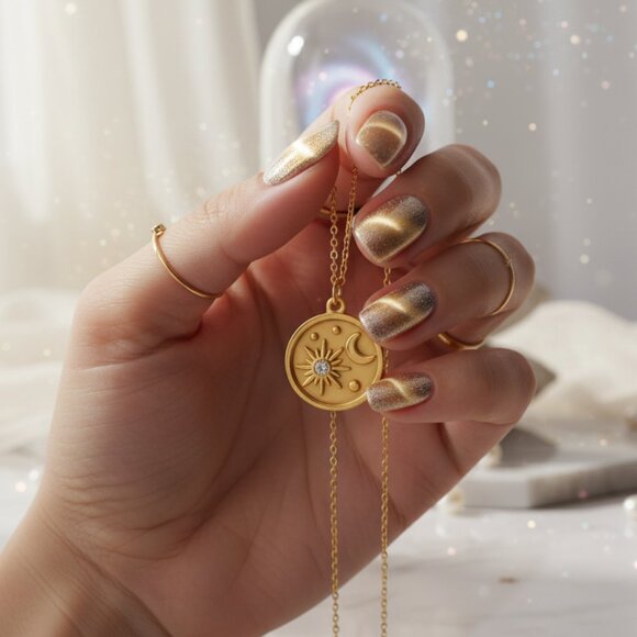 🆕️Sun Moon Necklace Celestial Pendant Stainless Steel Medallion 18K Gold Plated - Picture 7 of 11